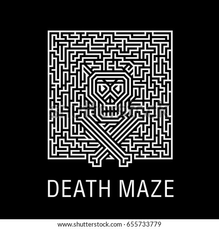 Skull and bones in horrible deadly labyrinth - Creative logo, vector sign concept illustration. Layout T-shirts, leaflets for Halloween, zombie party, quests or a music concert. Element of design.