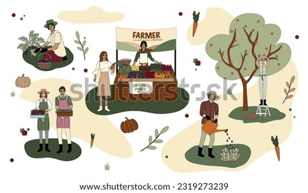 A set of local organic production. Agricultural and farmer workers harvesting crops, picking oranges, watering plants, a farmer selling fruits and vegetables. Flat cartoon vector illustration.