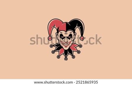 A sinister jester with a creepy grin and dark eye makeup.