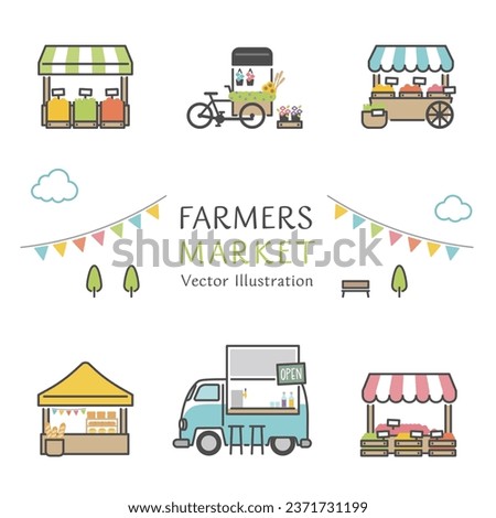 Vector illustration icon set of shops lined up at a lively farmers market