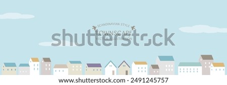 Scandinavian-style vector illustration of a townscape with simple houses lined up under a blue sky