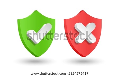 3d red and green shield, checkmark and cross, yes and no button, approved and rejected.