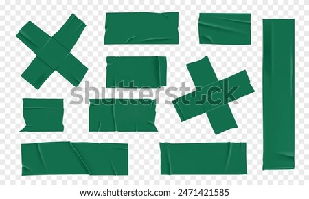 Vector set of 3D realistic green adhesive tape. Torn pieces of masking tape isolated on transparent background. PNG duct tape. 