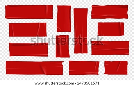 Vector set of 3D realistic red adhesive tape. Torn pieces of masking tape isolated on transparent background. PNG duct tape. 