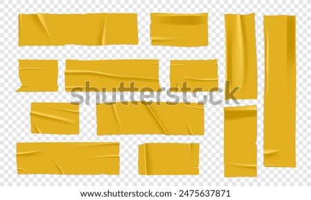 Vector set of 3D realistic yellow adhesive tape. Torn pieces of masking tape isolated on transparent background. PNG duct tape. 