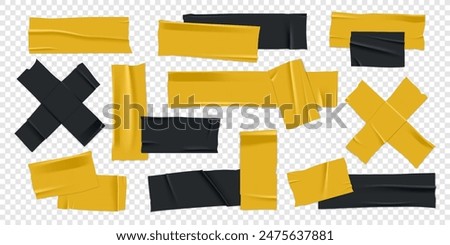 Vector set of 3D realistic black and yellow adhesive tape. Torn pieces of masking tape isolated on transparent background. PNG duct tape. 