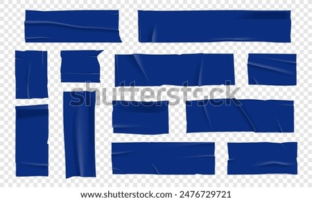 Vector set of 3D realistic blue adhesive tape. Torn pieces of masking tape isolated on transparent background. PNG duct tape. 