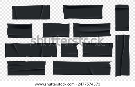 Vector set of 3D realistic black adhesive tape. Torn pieces of masking tape isolated on transparent background. PNG duct tape. 