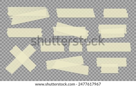 Vector set of yellow transparent adhesive tape. Duct tape strip. Torn pieces of masking tape isolated on transparent background. 