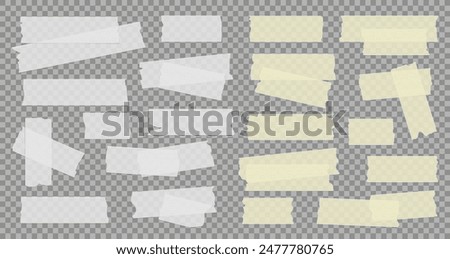 Vector set of white and yellow transparent adhesive tape. Duct tape strip. Torn pieces of masking tape isolated on transparent background. 