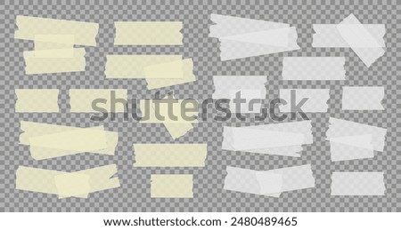 Vector set of white and yellow transparent adhesive tape. Duct tape strip. Torn pieces of masking tape isolated on transparent background. 