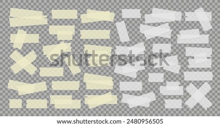 Vector set of white and yellow transparent adhesive tape. Duct tape strip. Torn pieces of masking tape isolated on transparent background. 