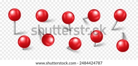 Vector 3D red pin with shadow isolated on transparent background. Set of realistic plastic round thumbtack in different angles.