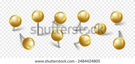 Vector 3D gold pin with shadow isolated on transparent background. Set of realistic plastic round thumbtack in different angles.