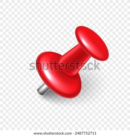 Vector 3D red push pin with shadow isolated on transparent background. Realistic plastic thumbtack.