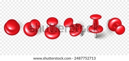 Vector 3D red push pin with shadow isolated on transparent background. Set of realistic plastic thumbtack in different angles.