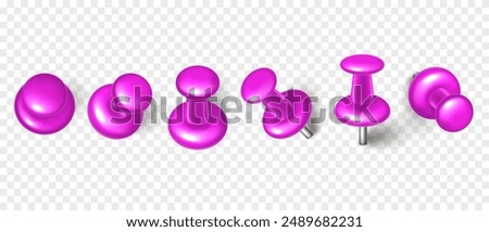 Vector 3D purple push pin with shadow isolated on transparent background. Set of realistic plastic thumbtack in different angles.