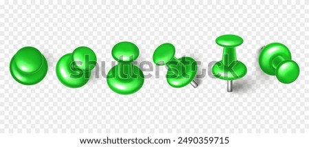 Vector 3D green push pin with shadow isolated on transparent background. Set of realistic plastic thumbtack in different angles.