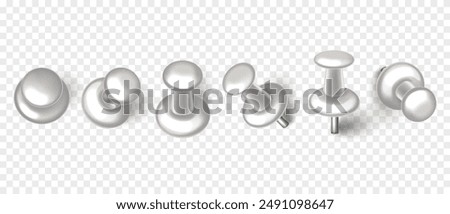 Vector 3D white push pin with shadow isolated on transparent background. Set of realistic plastic thumbtack in different angles.