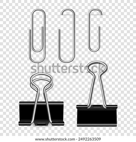 Vector metal paper clip isolated on transparent background. Realistic paper holder.