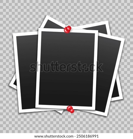 Vector blank photo frames with push pin and shadow isolated on transparent background. Template mockup photo design.