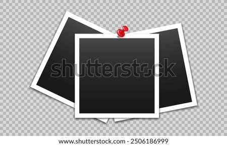 Vector blank photo frames with push pin and shadow isolated on transparent background. Template mockup photo design.