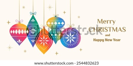 Christmas and New Year background in a modern minimal flat style. Christmas colorful geometric ornament. Holiday Xmas banner, greeting card.