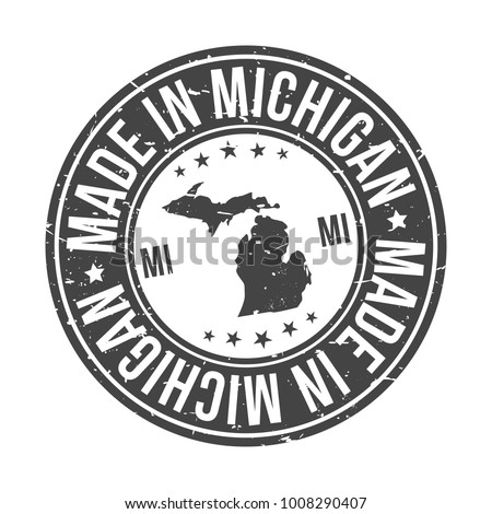 Made in Michigan State USA Quality Original Stamp Map. Design Vector Art Tourism Souvenir Round Seal.