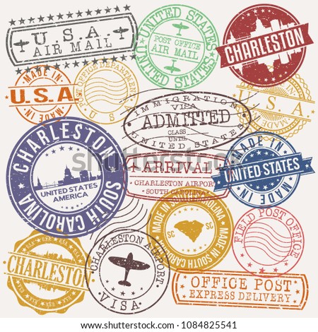 Charleston South Carolina Stamp Vector Art Postal Passport Travel Design Set Badge Rubber.