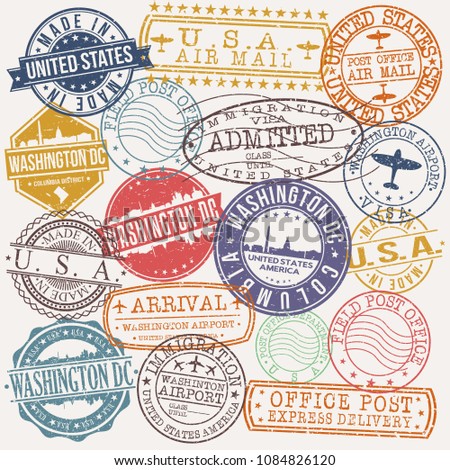 Washington DC USA Stamp Vector Art Postal Passport Travel Design Set Badge.