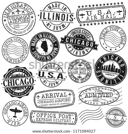 Chicago Illinois USA Stamp Vector Art Postal Passport Travel Design Set