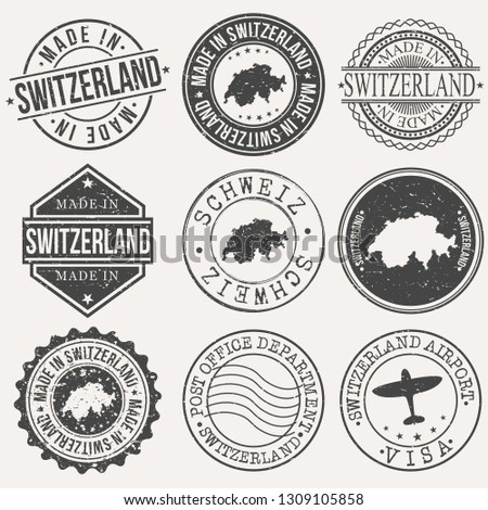 Switzerland Set of Stamps. Travel Stamp. Made In Product. Design Seals Old Style Insignia.