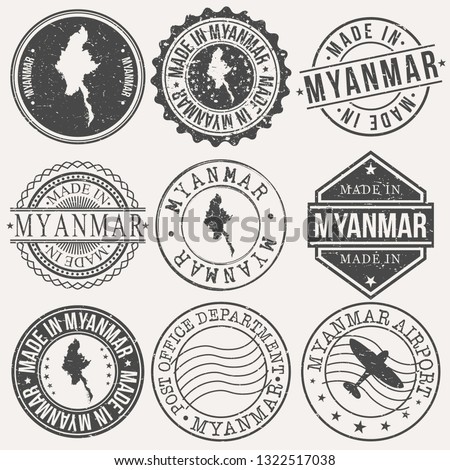 Myanmar Set of Stamps. Travel Stamp. Made In Product. Design Seals Old Style Insignia.