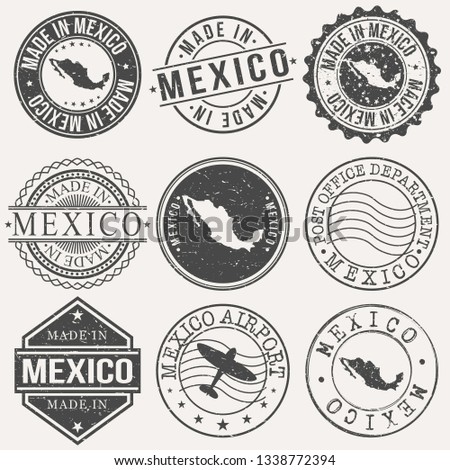 Mexico Set of Stamps. Travel Stamp. Made In Product. Design Seals Old Style Insignia.