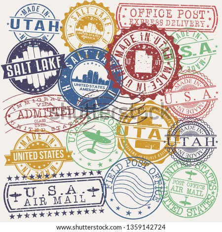 Salt Lake City Utah Set of Stamps. Travel Stamp. Made In Product. Design Seals Old Style Insignia. 