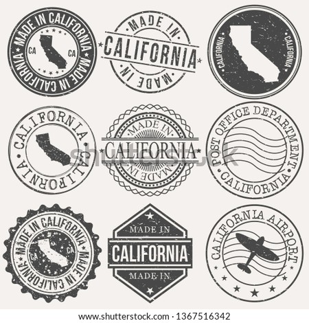 California Set of Stamps. Travel Stamp. Made In Product. Design Seals Old Style Insignia.