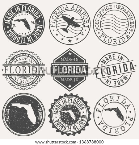 Florida Set of Stamps. Travel Stamp. Made In Product. Design Seals Old Style Insignia.