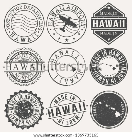 Hawaii Set of Stamps. Travel Stamp. Made In Product. Design Seals Old Style Insignia.