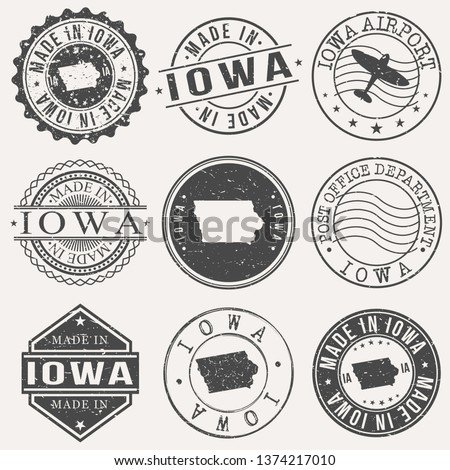 Iowa Set of Stamps. Travel Stamp. Made In Product. Design Seals Old Style Insignia.