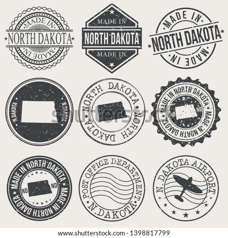 North Dakota Set of Stamps. Travel Stamp. Made In Product. Design Seals Old Style Insignia.