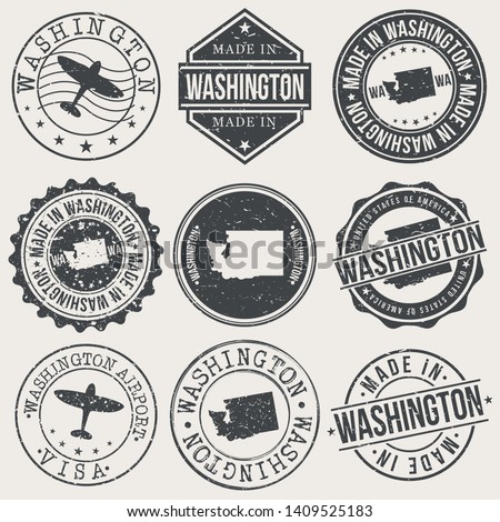 Washington State Set of Stamps. Travel Stamp. Made In Product. Design Seals Old Style Insignia.