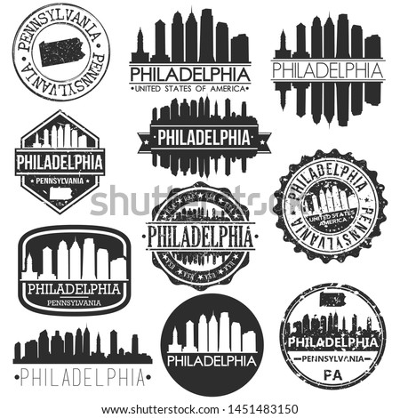 Philadelphia USA Skyline Vector Art Stamps. Silhouette Emblematic Buildings.