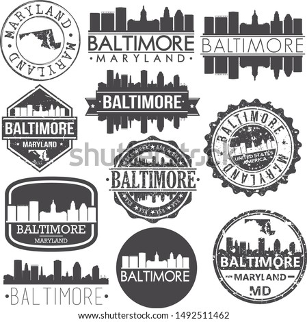 Baltimore Maryland USA Skyline Vector Art Stamps. Silhouette Emblematic Buildings.