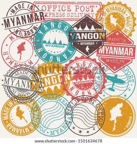 Yangon Myanmar Set of Stamps. Travel Stamp. Made In Product. Design Seals Old Style Insignia.