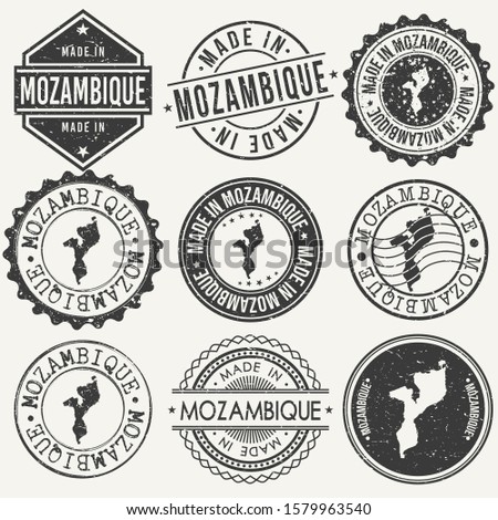 Mozambique Set of Stamps. Travel Stamp. Made In Product. Design Seals Old Style Insignia.