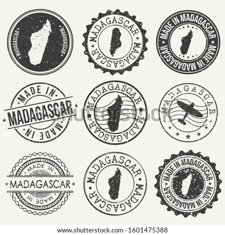 Madagascar Set of Stamps. Travel Stamp. Made In Product. Design Seals Old Style Insignia.