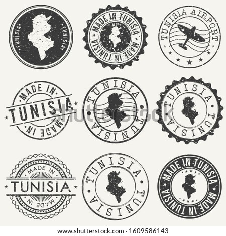 Tunisia Set of Stamps. Travel Stamp. Made In Product. Design Seals Old Style Insignia.