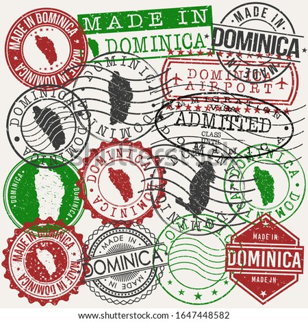 Dominica Set of Stamps. Travel Passport Stamps. Made In Product. Design Seals in Old Style Insignia. Icon Clip Art Vector Collection. 