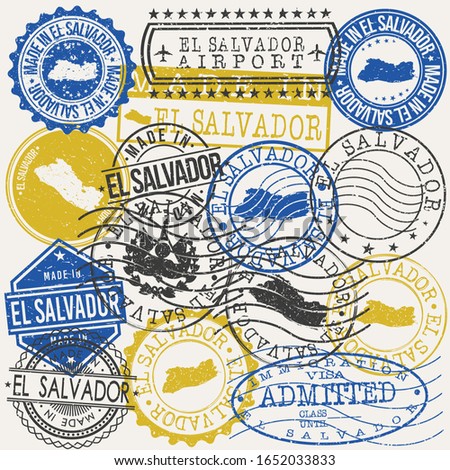 El Salvador Set of Stamps. Travel Passport Stamps. Made In Product. Design Seals in Old Style Insignia. Icon Clip Art Vector Collection.