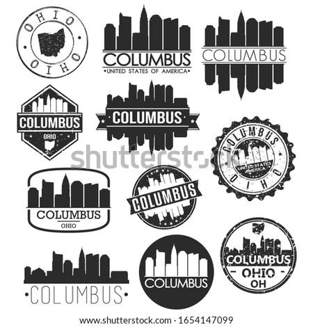 Columbus Ohio USA. Skyline Vector Art Stamps. Silhouette Emblematic Buildings.